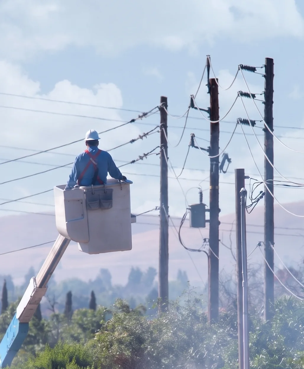 Lineworker inspecting overhead distribution lines