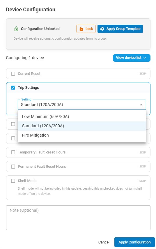 Device configuration menu in the SGS portal, with trip settings open