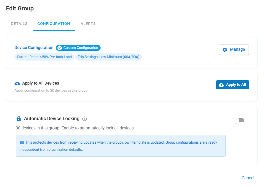 Edit Group configuration tab with Manage, Apply to All, and Automatic Device Locking