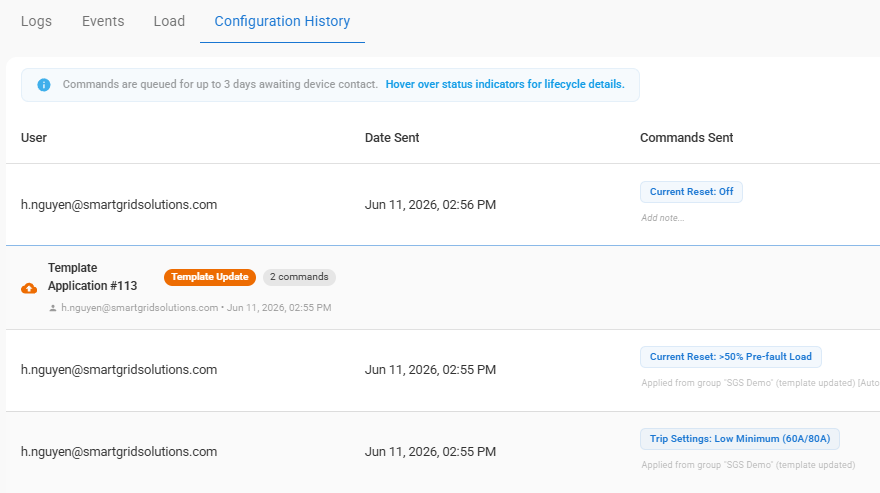 Device configuration history tab in the SGS portal