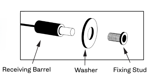 Receiving barrel, washer, and fixing stud